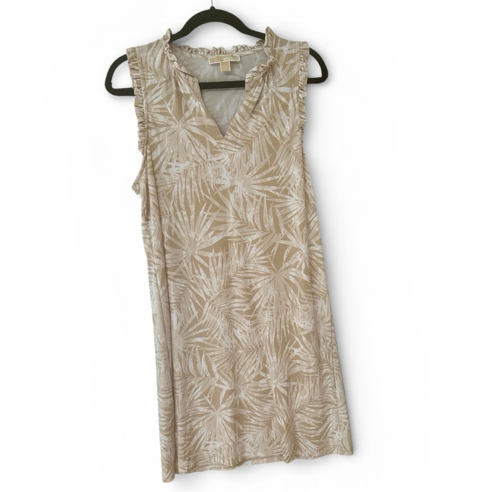 Michael Kors Beige and White Palm-Print Sleeveless V-Neck Tunic